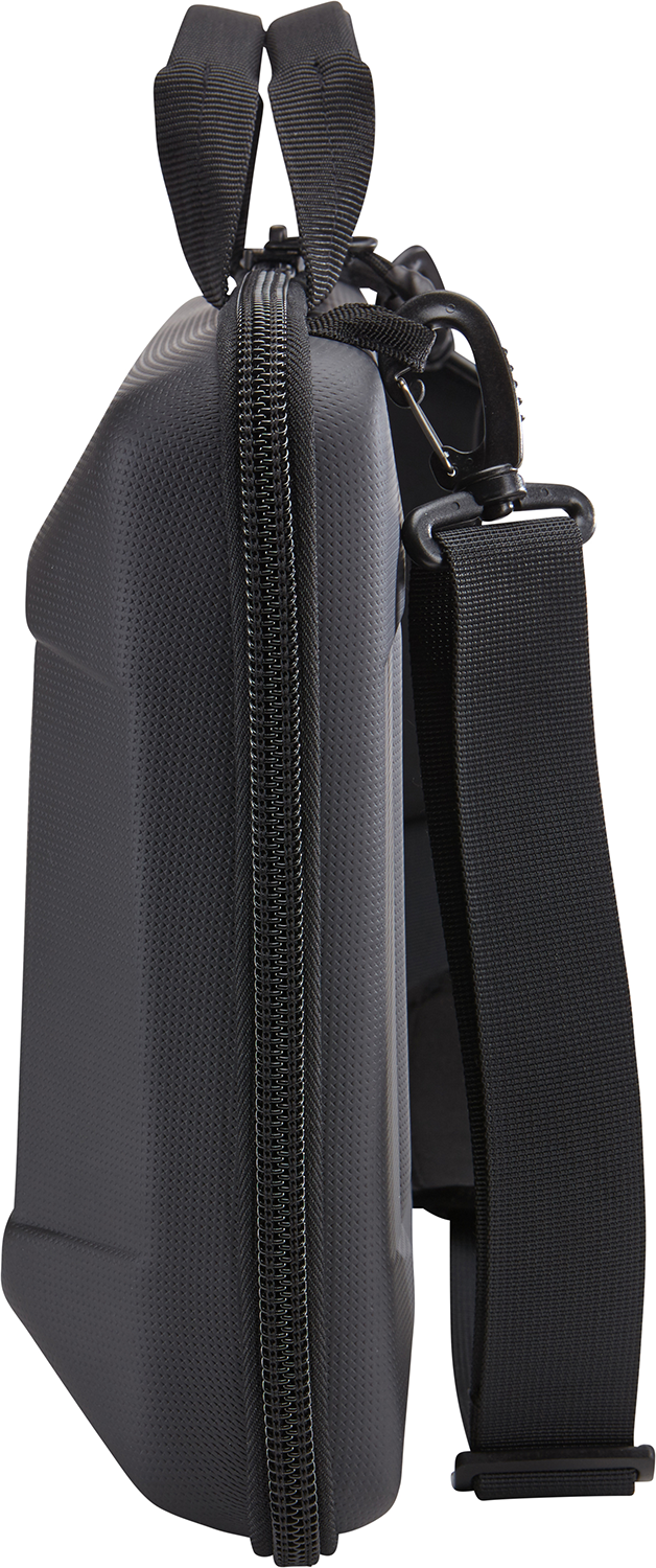 Black protective case with a zipper and shoulder strap. It is vertical.
