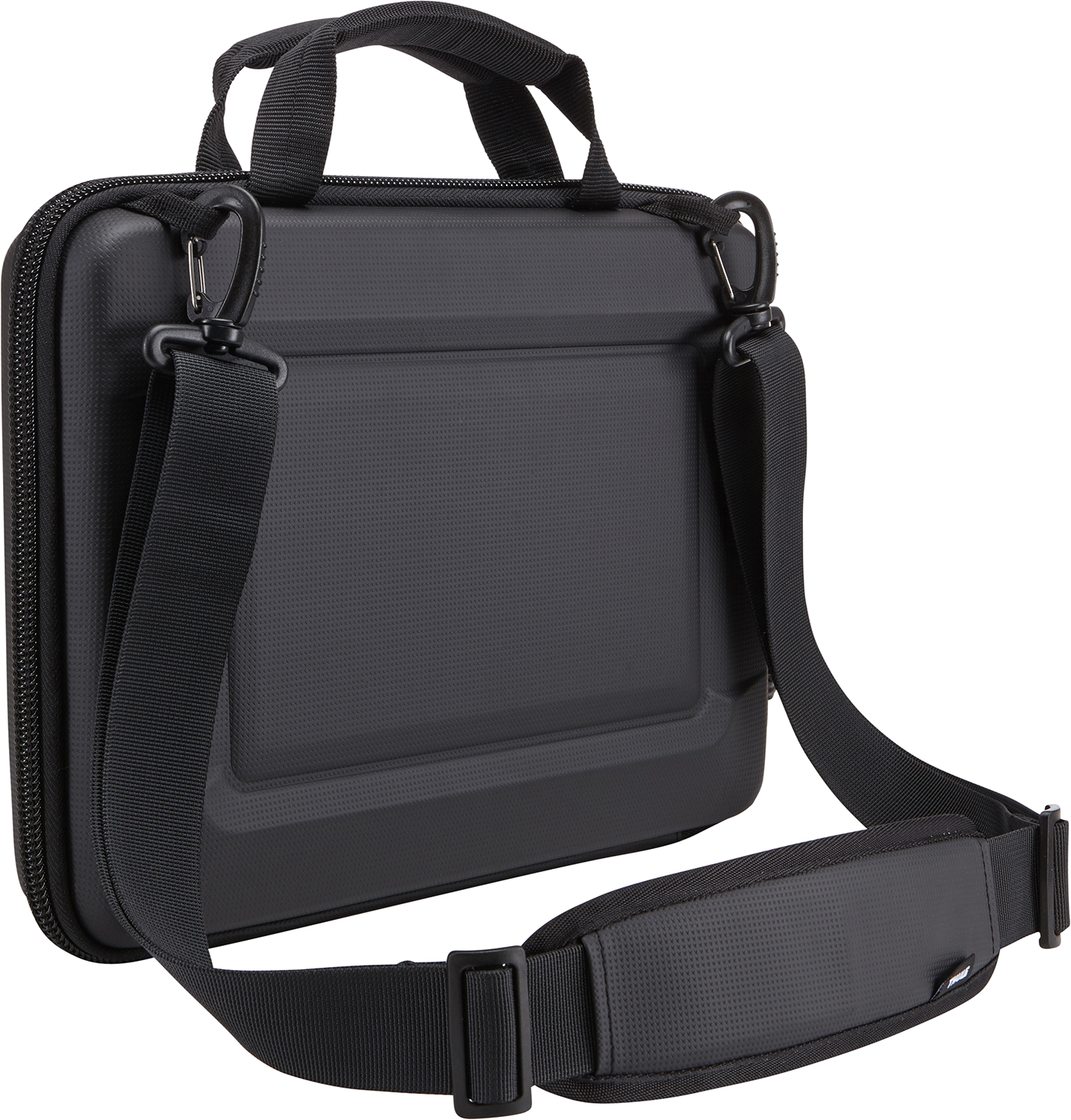 A black laptop bag with a handle and a shoulder strap.