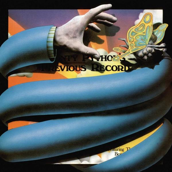Pochette d'album avec serpent, main, papillon et texte. Principalement bleu et orange.