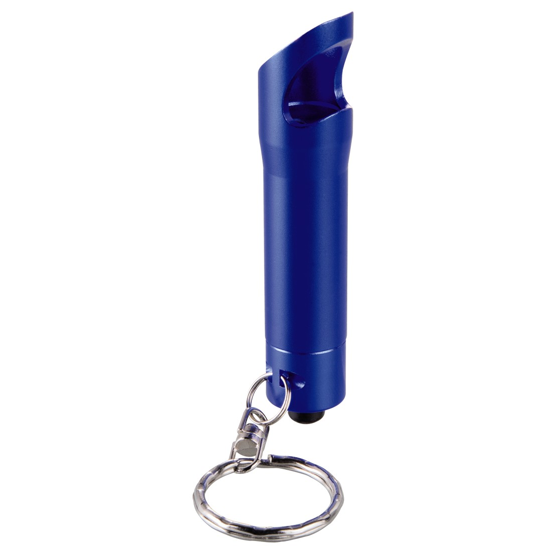 Un ouvre-bouteille en métal bleu avec un porte-clés est présenté sur fond blanc.