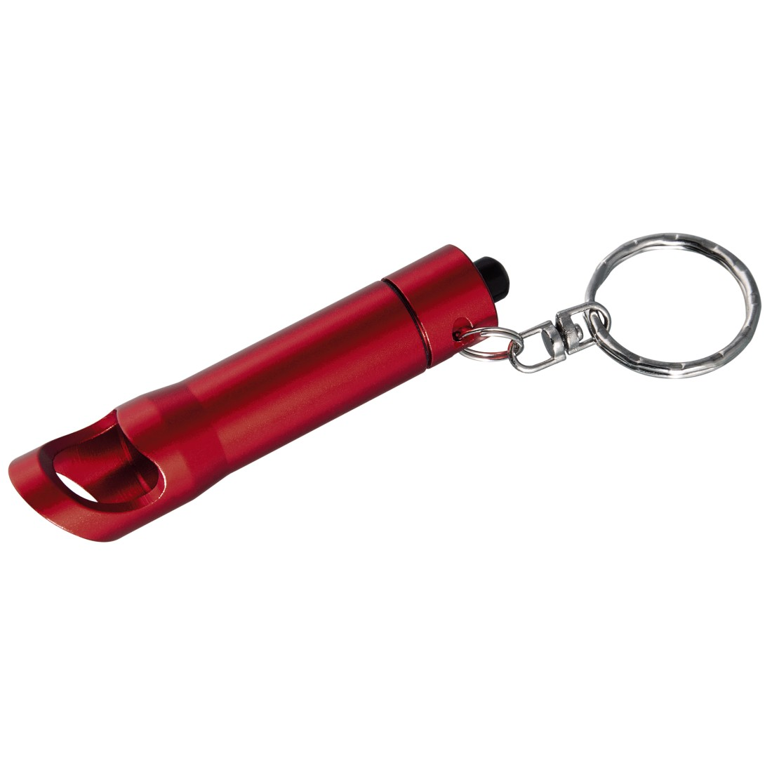 Un ouvre-bouteille rouge et cylindrique avec un porte-clés argenté. L'ouverture est visible.