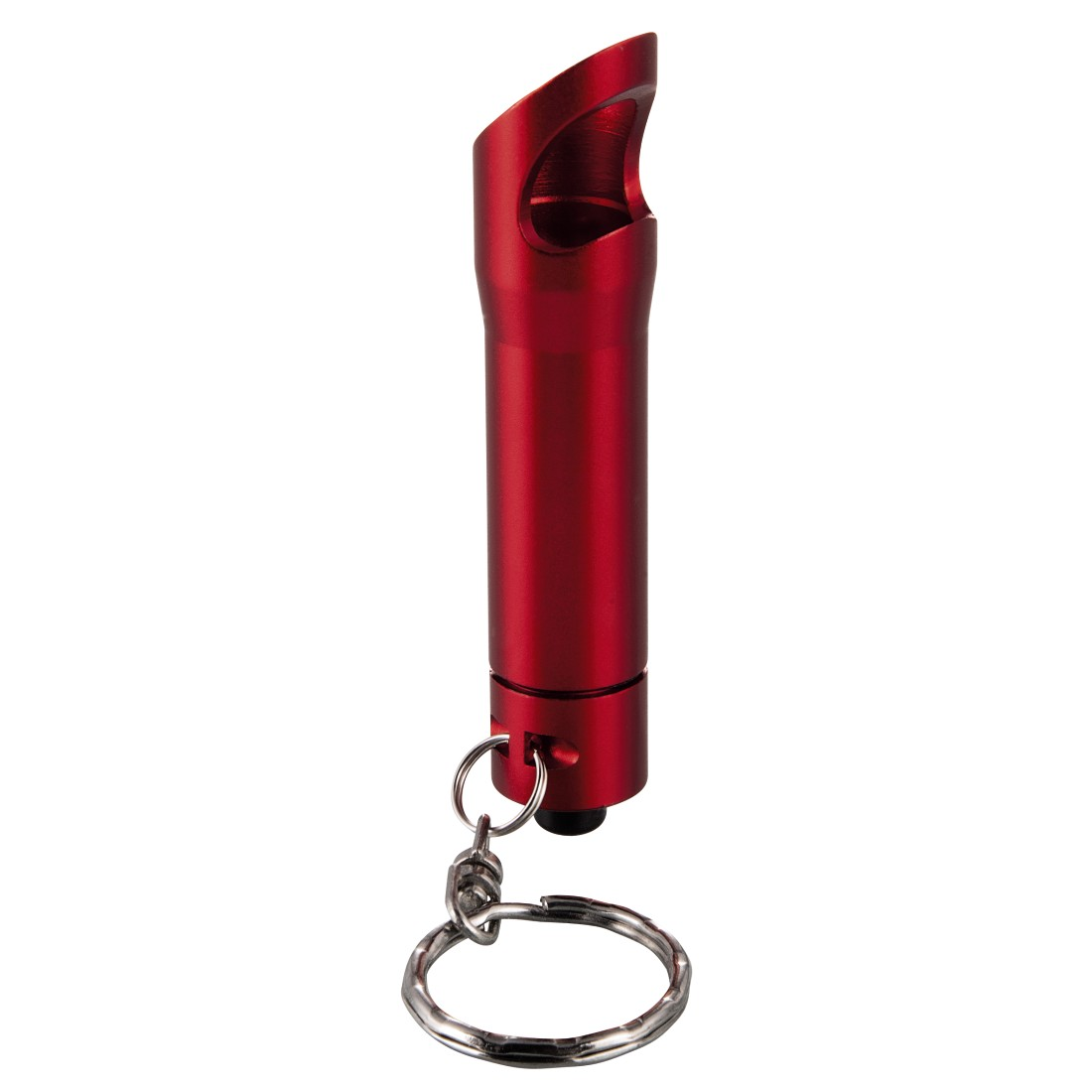 Un ouvre-bouteille rouge avec un porte-clés, isolé sur blanc.