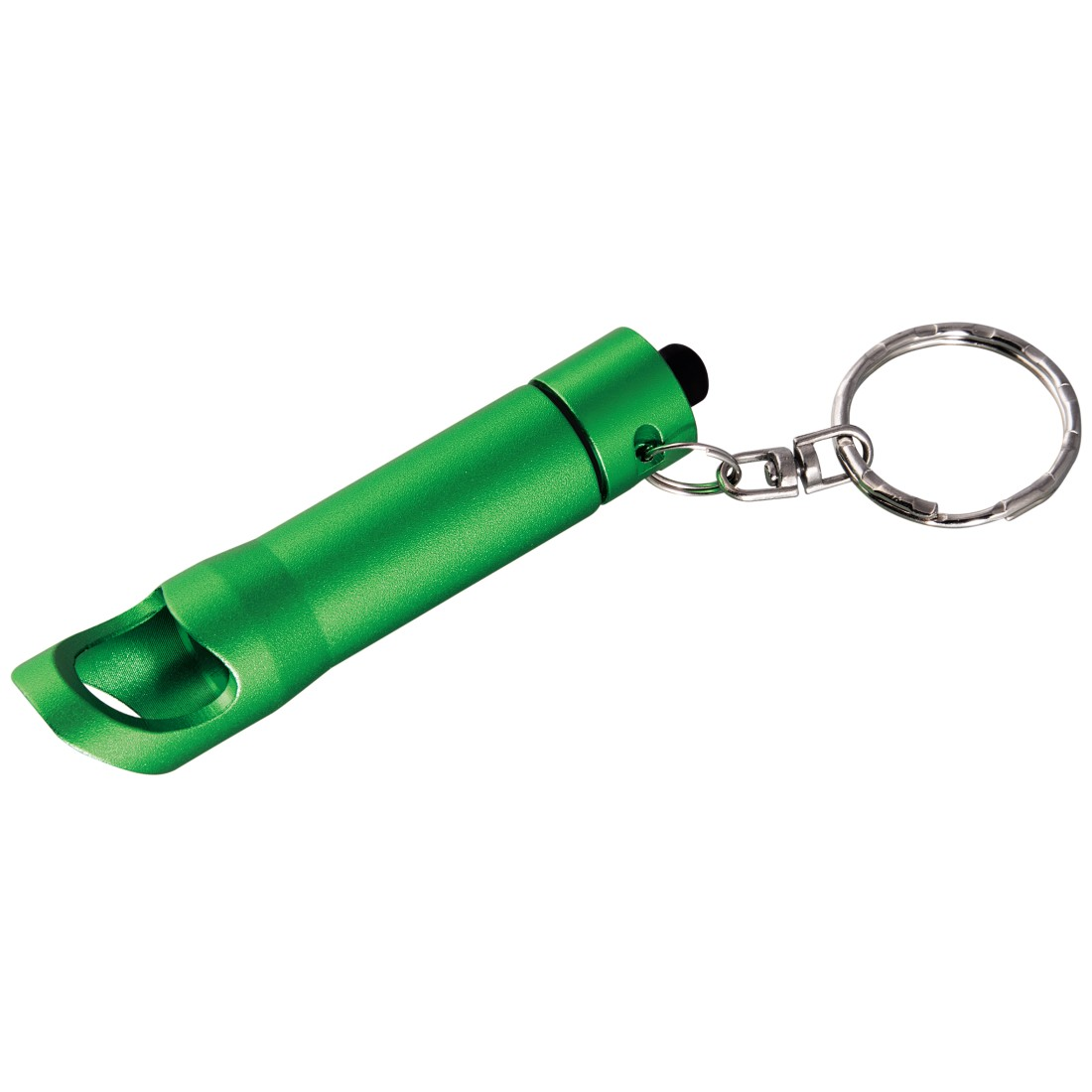 Un outil de porte-clés vert. Il possède un ouvre-bouteille et une petite lampe de poche.