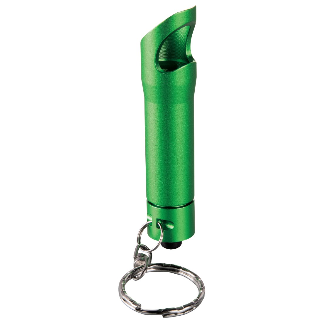 Décapsuleur vert en aluminium sur un porte-clés. Fond blanc.