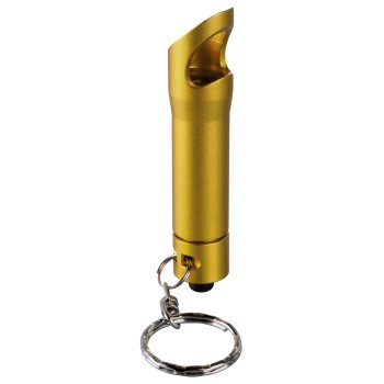 Un ouvre-bouteille doré avec un petit porte-clés attaché, sur fond blanc.