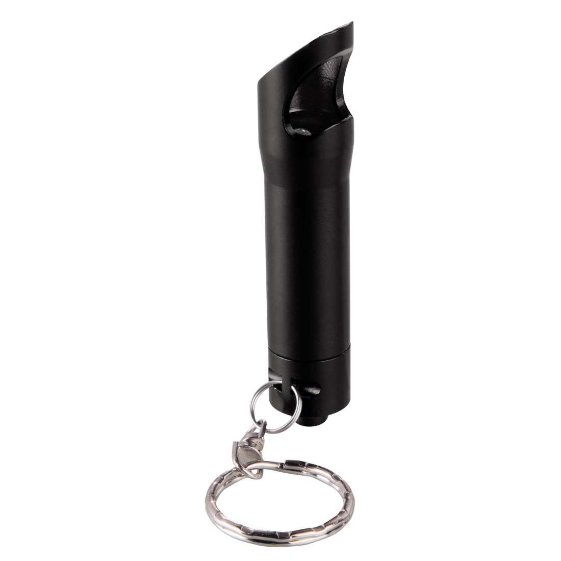Spray au poivre noir avec porte-clés, sur fond blanc.