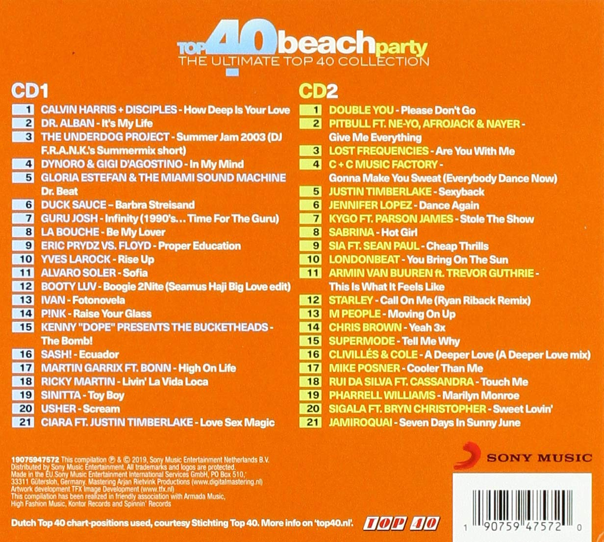Couverture de CD, compilation des 40 meilleures soirées plage avec un logo rouge.