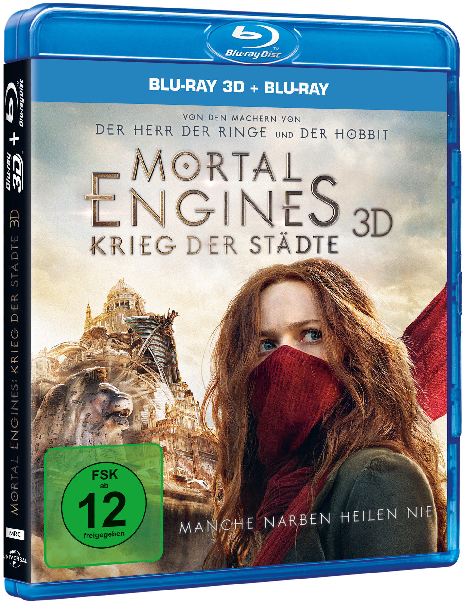 Blu-ray-Cover für 'Mortal Engines', mit einer Frau mit rotem Schal und einer Stadtszene.
