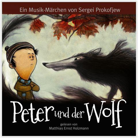 Illustration von Peter, der einem Wolf gegenübersieht. Der Titel lautet "Peter und der Wolf".