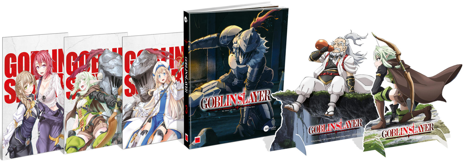Ein Set von Goblin Slayer Manga-Bänden und Figuren auf weißem Hintergrund.