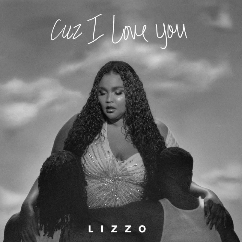 Album borító: Lizzo göndör hajjal, emberekkel körülvéve, 'Cuz I Love You' szöveggel.