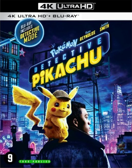 Pokémon Detective Pikachu 4K Blu-ray cover, Pikachu op de schouder van een man.