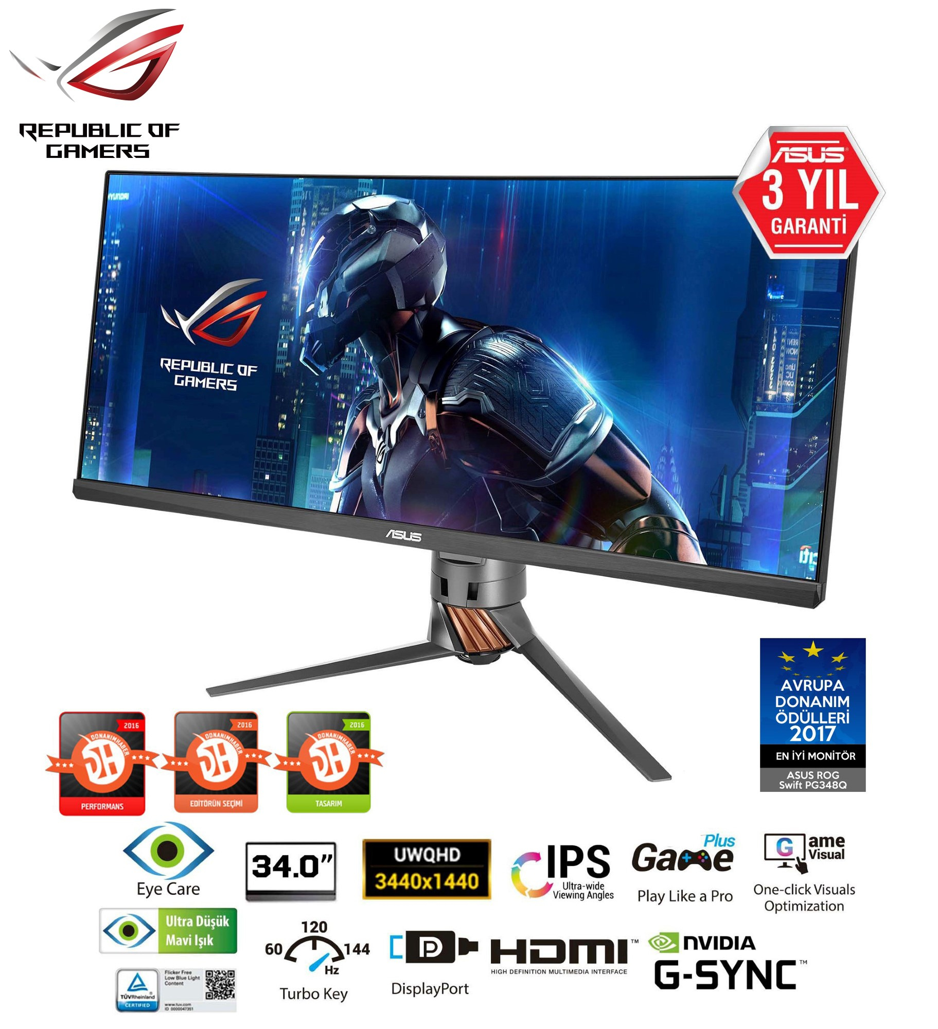 ASUS ROG Swift PG348Q 34 inç 1ms (HDMI+Display) G-Sync Ultra Wide QHD Curved Oyuncu Monitör