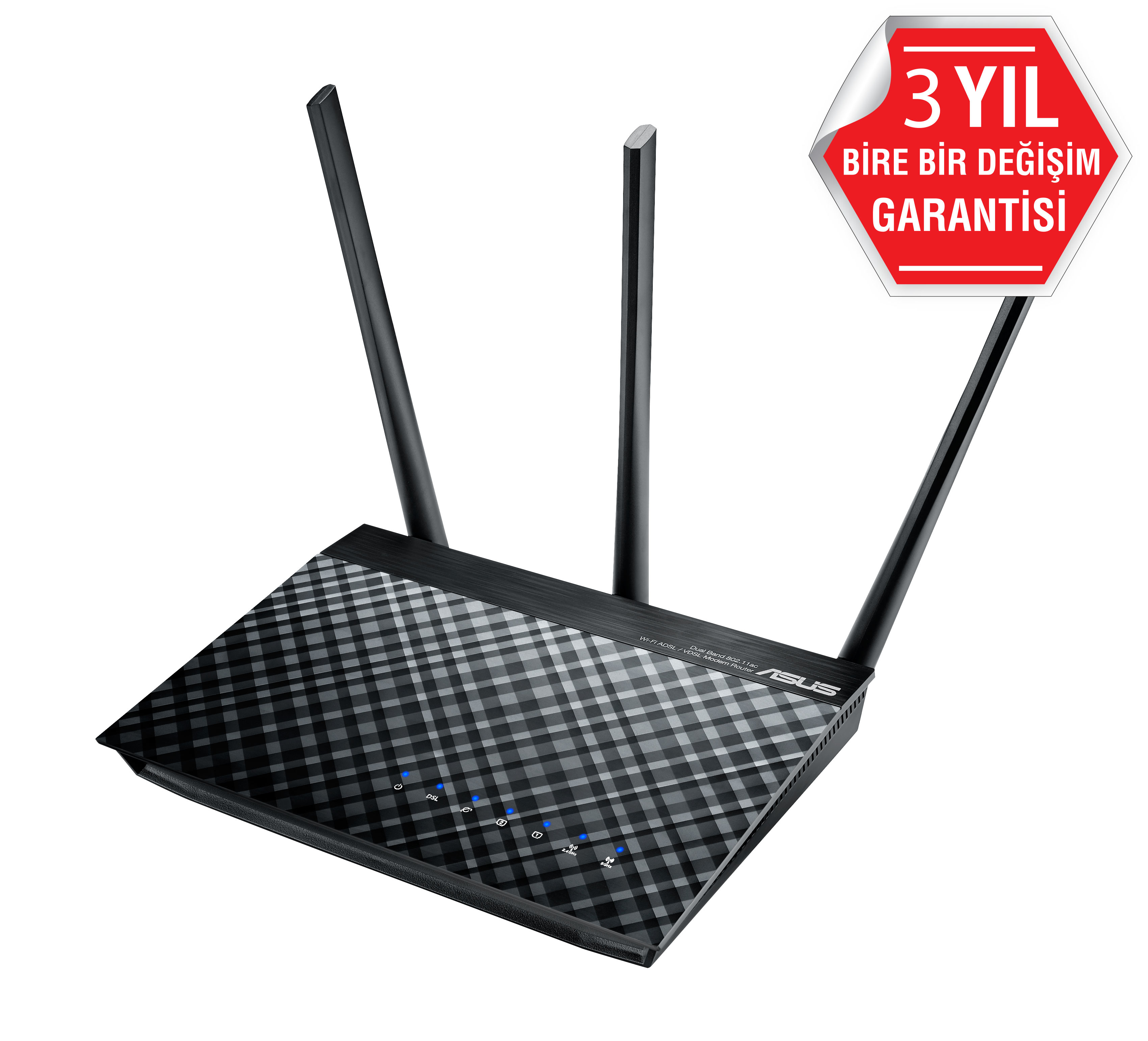 Üç antenli siyah ASUS yönlendirici. Sağda garanti etiketi.