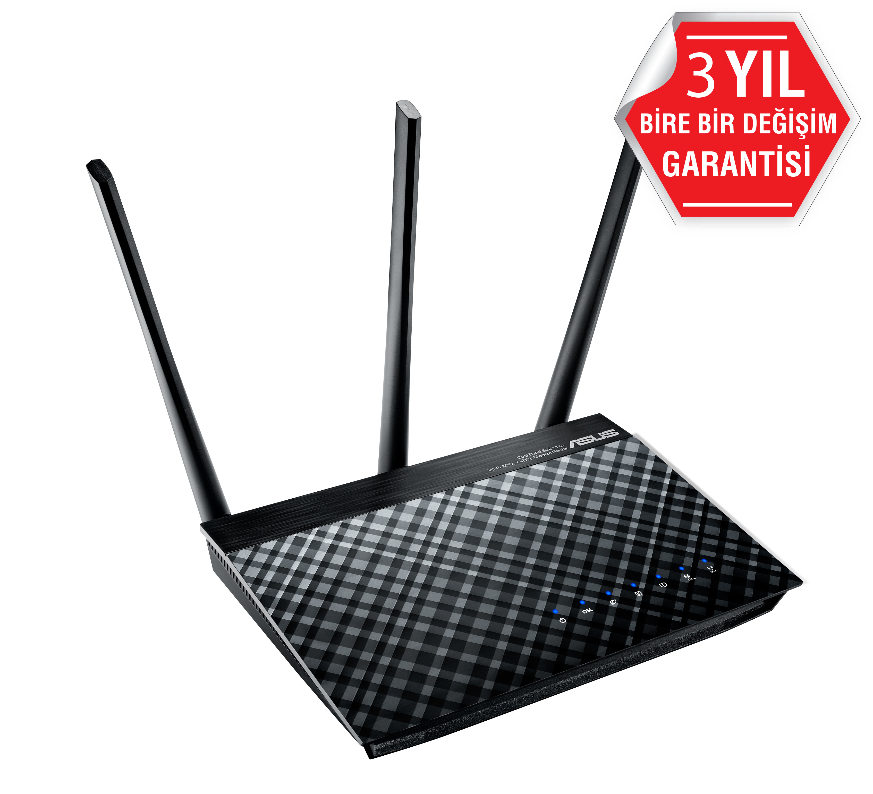 Siyah Asus yönlendirici, üç anten ve garanti etiketi.
