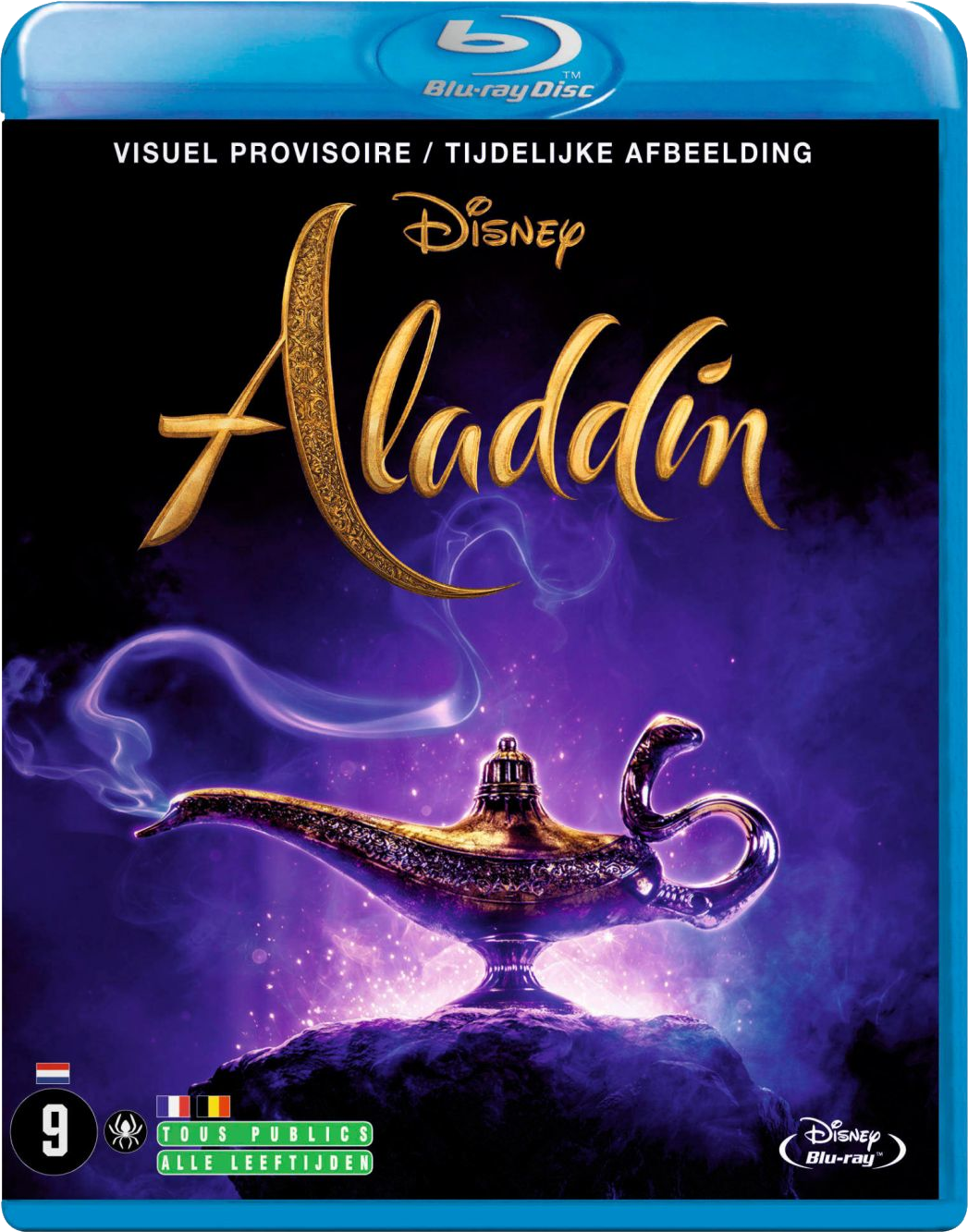 Blu-ray-filmcover. Disney's Aladdin met een gouden lamp en een paarse achtergrond.