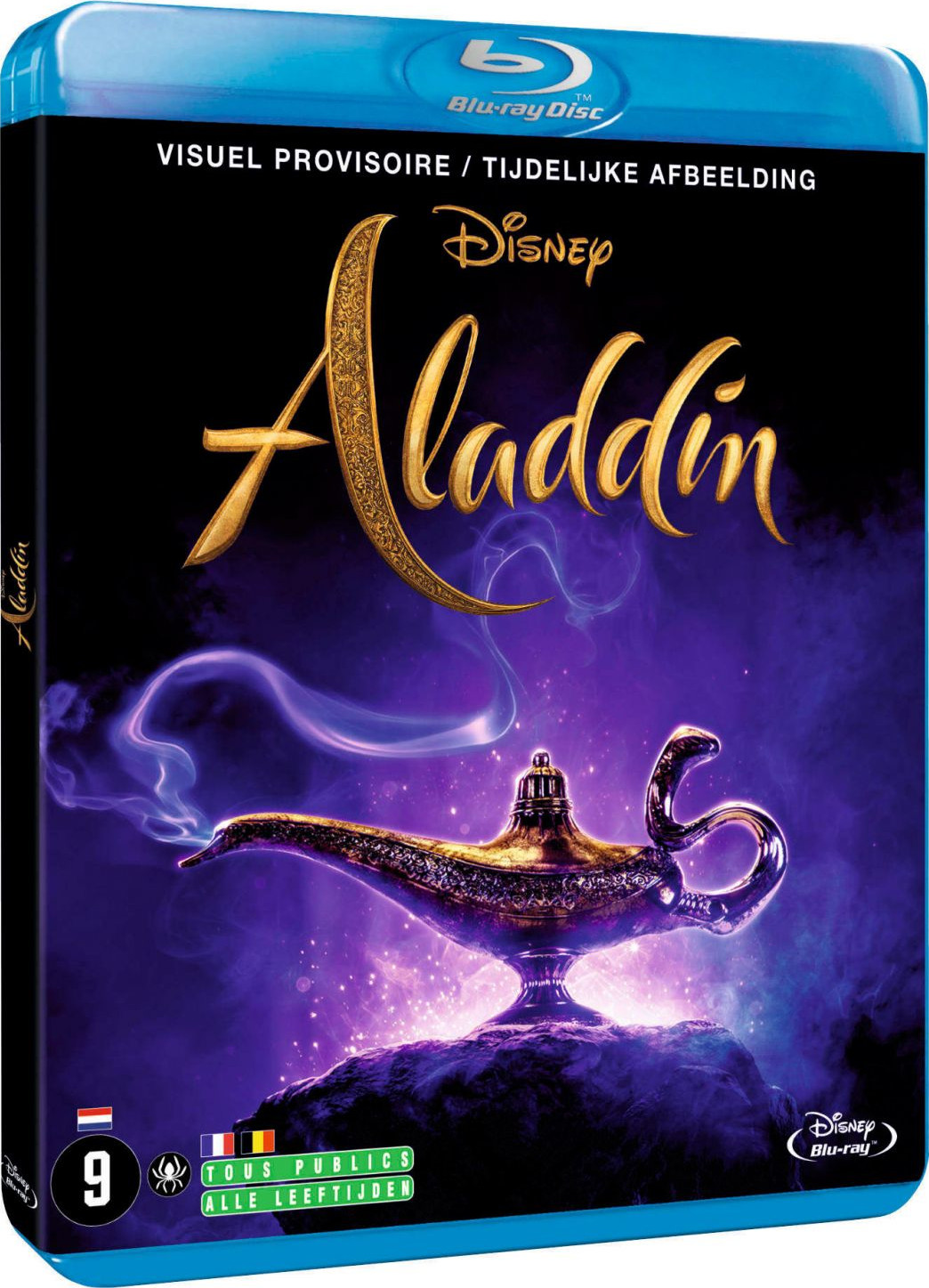 Aladdin Blu-ray disc hoes. Bevat de lamp van de geest en de titel. Blauwe achtergrond.
