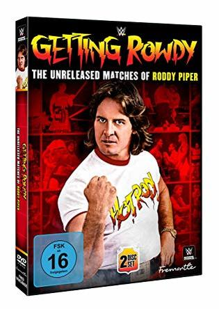 DVD-Cover: Getting Rowdy, Roddy Piper, in weißem Hemd mit geballter Faust. Schwarze Box.