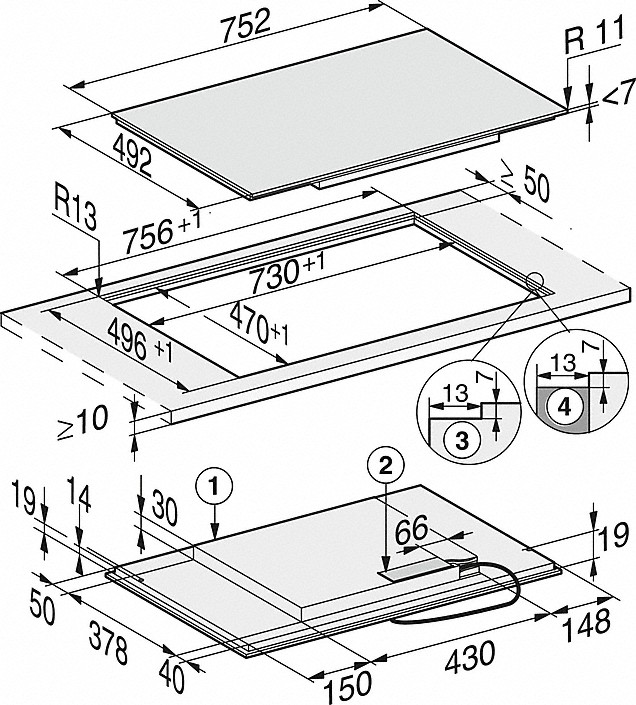 Diagramm eines schwarzen Induktionskochfeldes mit Abmessungen in Millimetern, mit einem Ausschnitt.