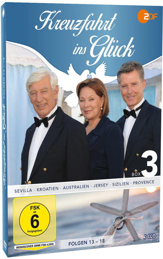DVD-Box-Set mit drei Schauspielern, Titel 'Kreuzfahrt ins Glück' und Auflistung von Reisezielen.