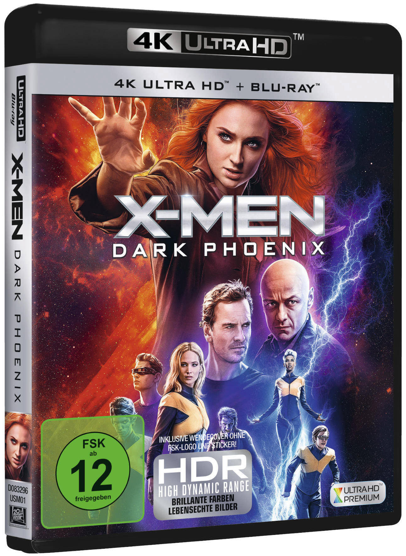 X-Men Dark Phoenix Blu-Ray-Cover mit Schauspielern, Titel und feurigem Hintergrund.