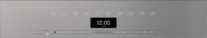 Silberfarbenes Gerätepaneel mit digitaler Anzeige 12:00. Mehrere Symbole.