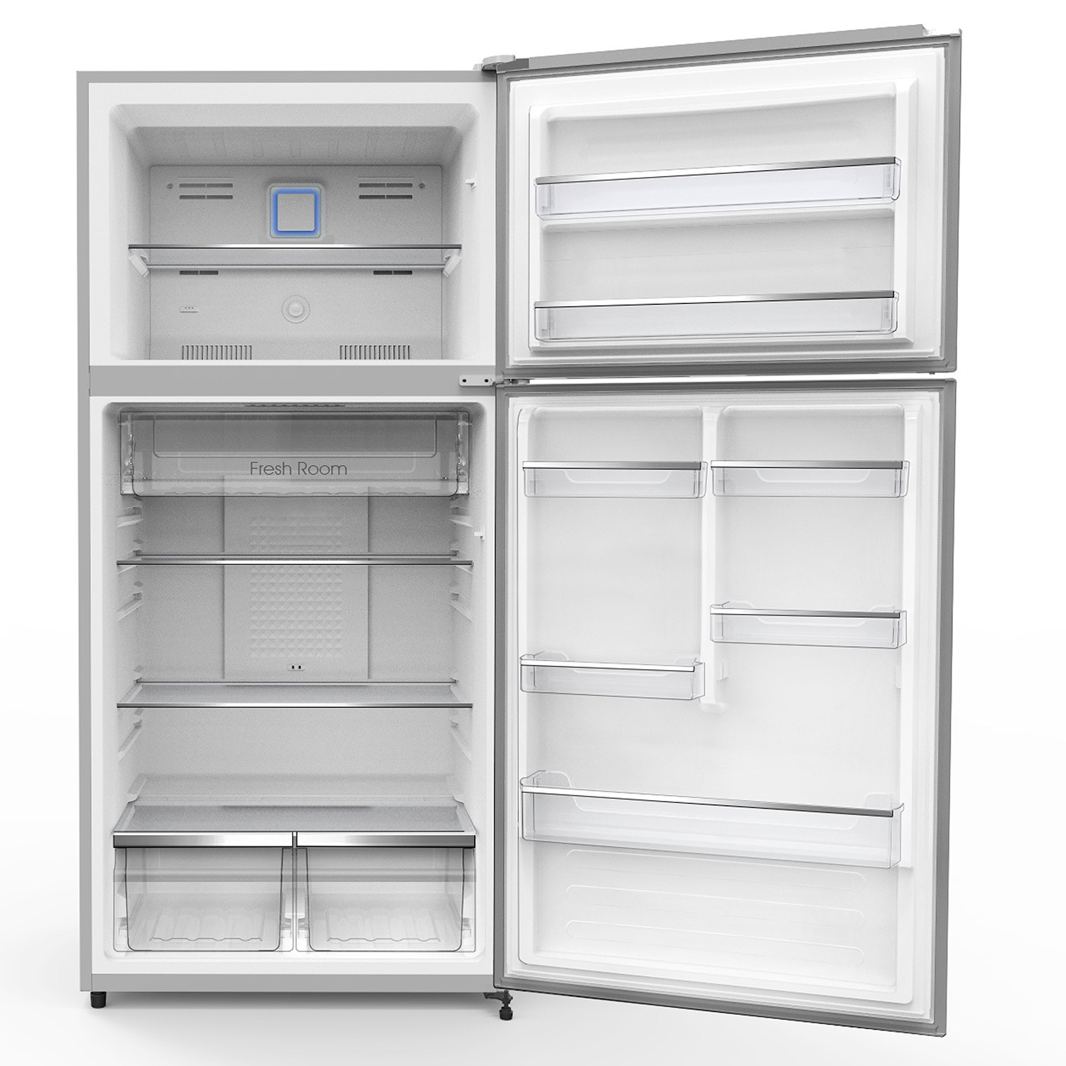 Refrigerador abierto con estantes y cajones llenos de varios artículos. Interior blanco.