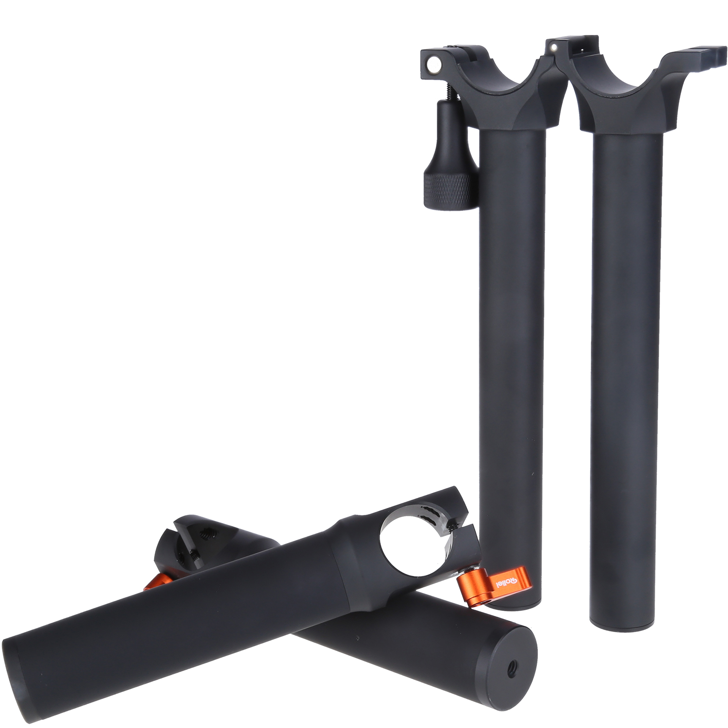Black metal camera support equipment on white background. Two upright and two horizontal pieces, with orange accents and knobs.