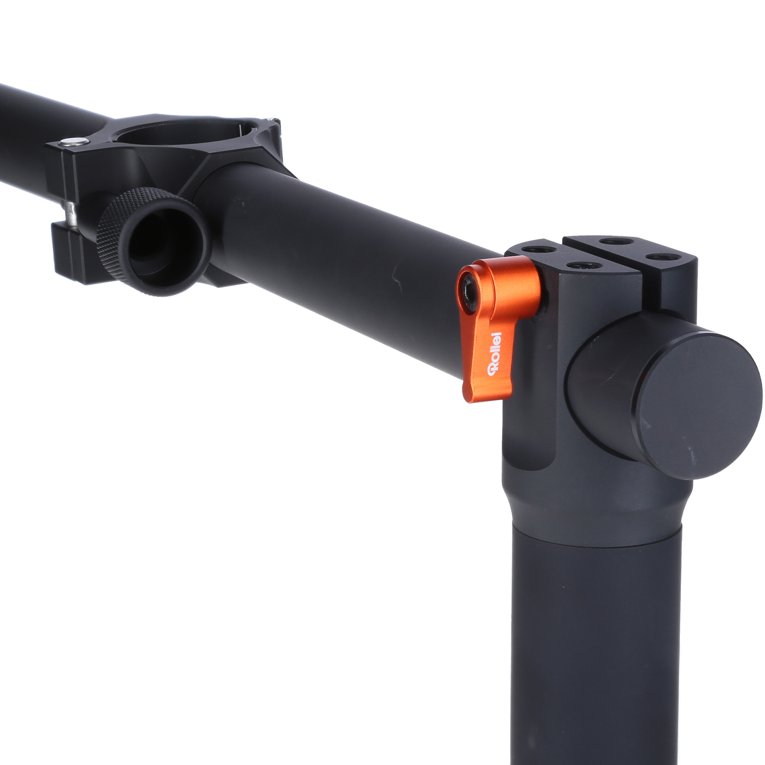 Black tripod parts with an orange lever. The Rollei logo is on the lever. Parts are on a white background.
