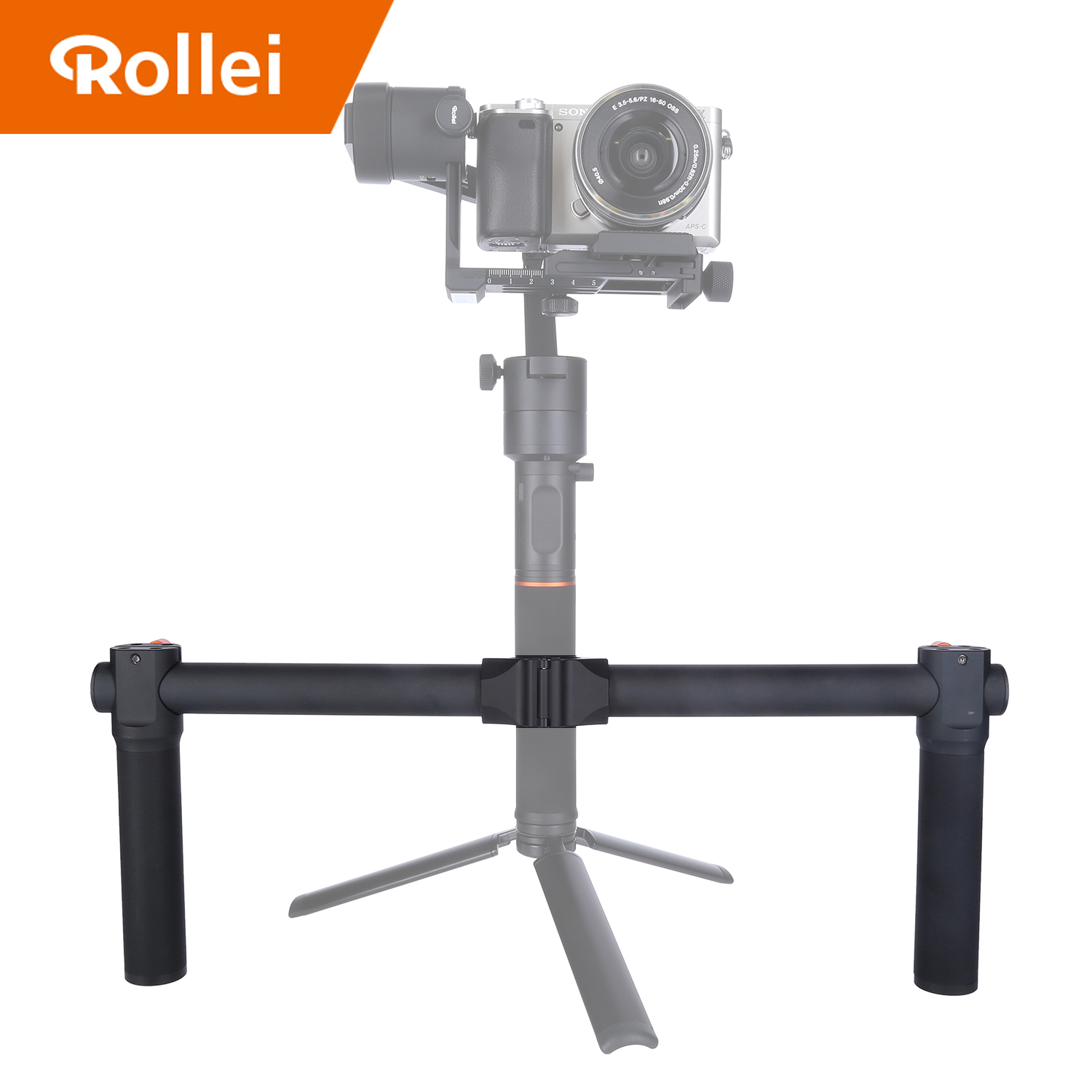Camera mounted on a stabilizer with handles. The Rollei logo is in the top left corner. The background is white.