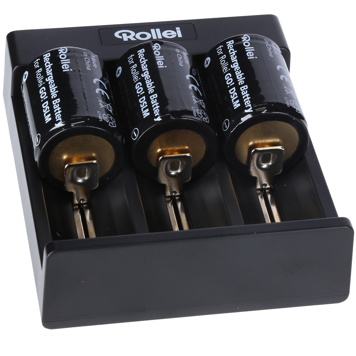 Rollei battery charger with three black cylindrical batteries inserted.