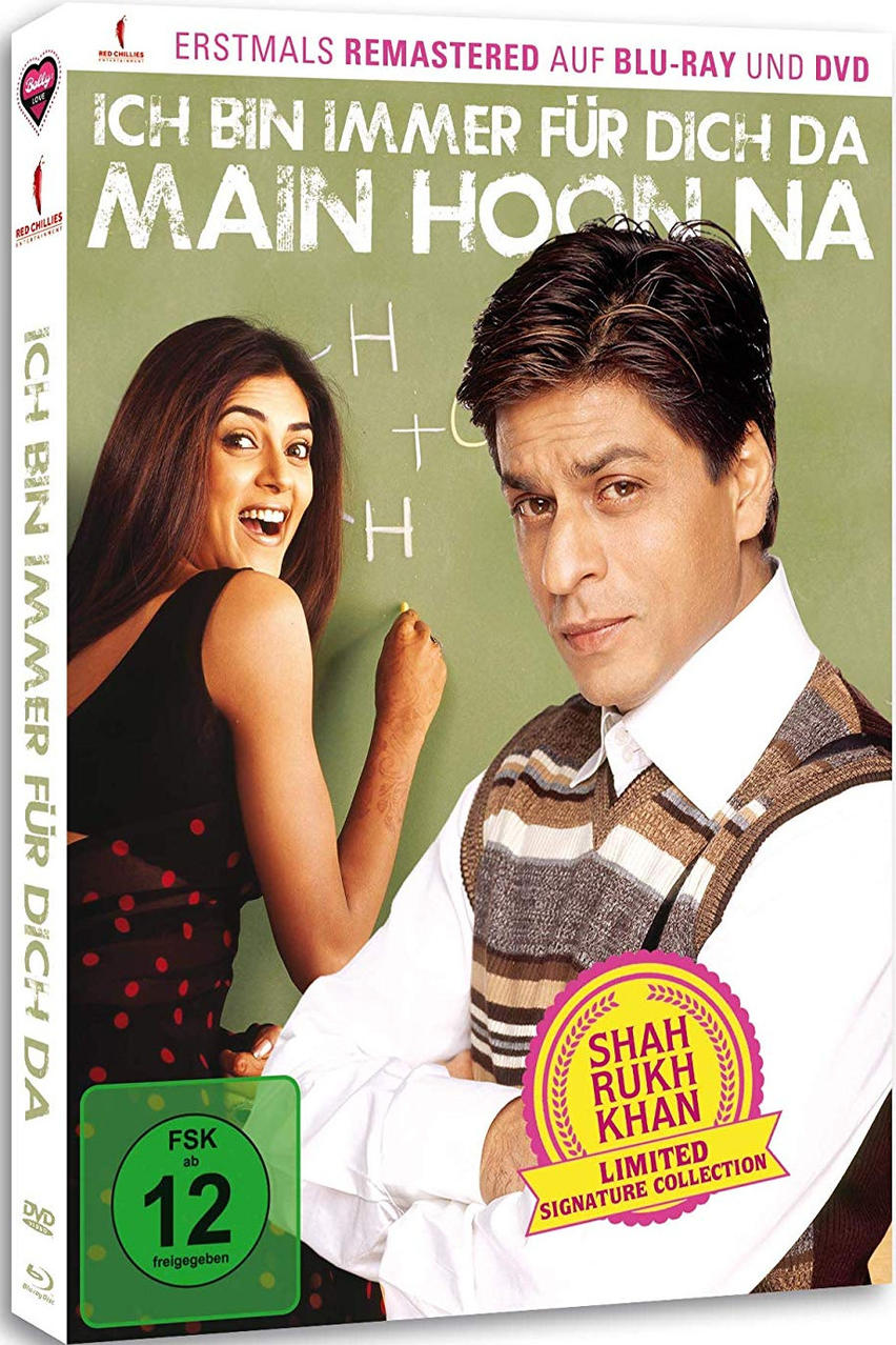 DVD-Hülle des Films 'Main Hoon Na'. Shah Rukh Khan und eine Frau sind zu sehen. Grüner Hintergrund.
