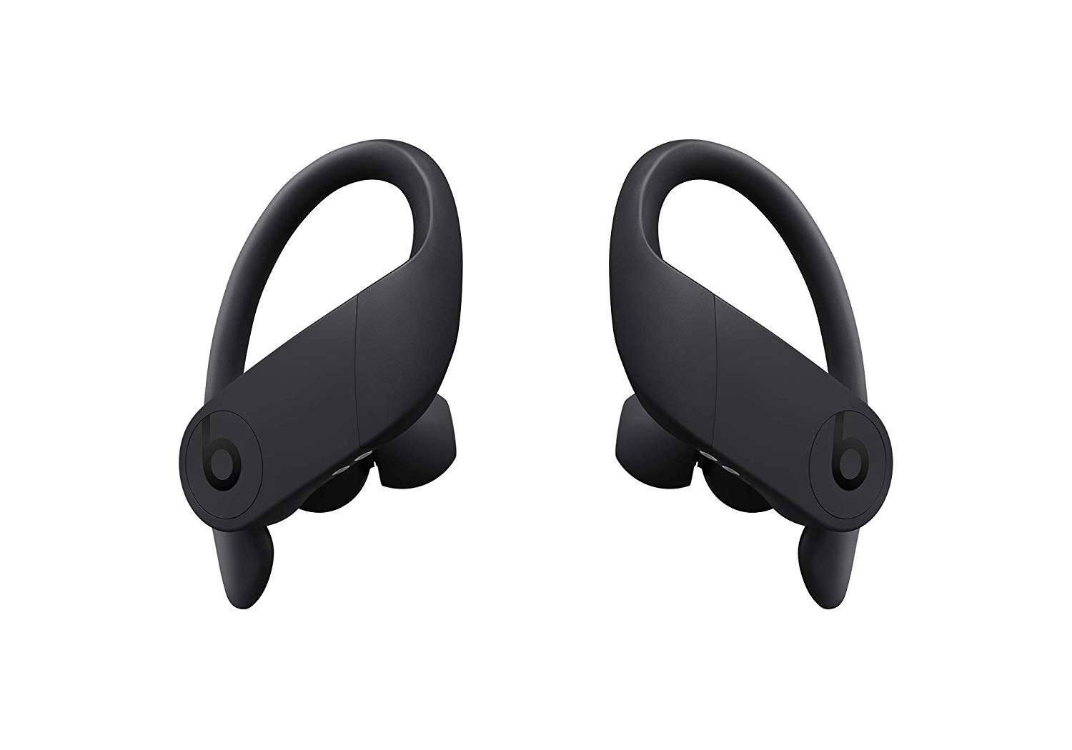 Siyah Beats Powerbeats Pro kulaklıklar. Kulaklıkların kulak kancaları ve Beats logosu var.
