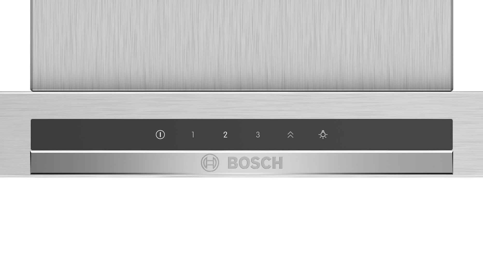 Hotte de cuisine argentée avec panneau de commande noir. Logo Bosch en dessous. Fond blanc.