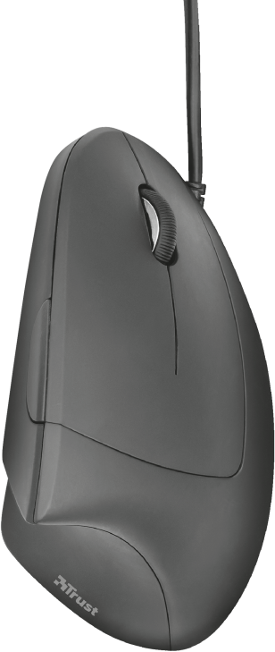 Souris d'ordinateur ergonomique noire. Elle a un design incurvé pour droitier.