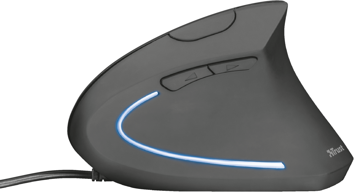 Une souris ergonomique noire avec un éclairage bleu. Possède deux boutons sur le côté et une connexion filaire.