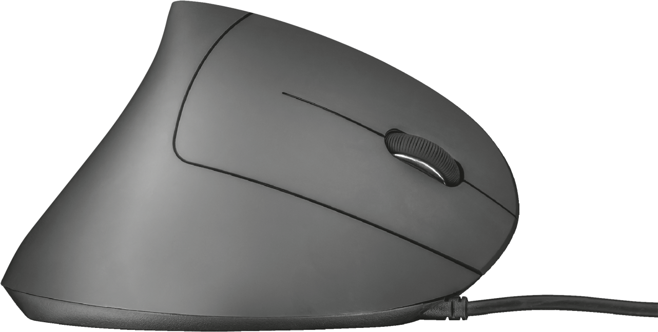 Une souris verticale grise avec un câble. La souris est inclinée pour une utilisation ergonomique.