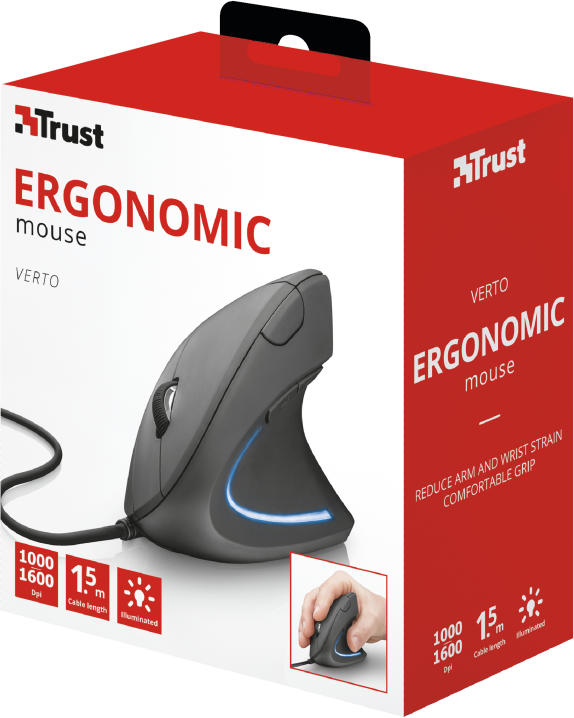 Souris ergonomique en boîte avec lumière bleue, main tenant la souris.