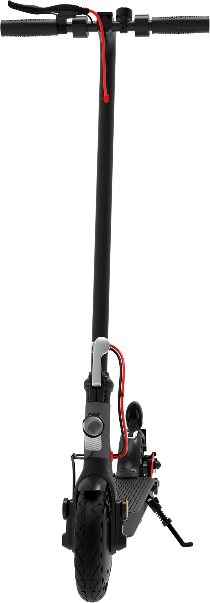 Schwarzer Elektroroller, Vorderansicht, mit rotem Kabel und schwarzen Griffen.