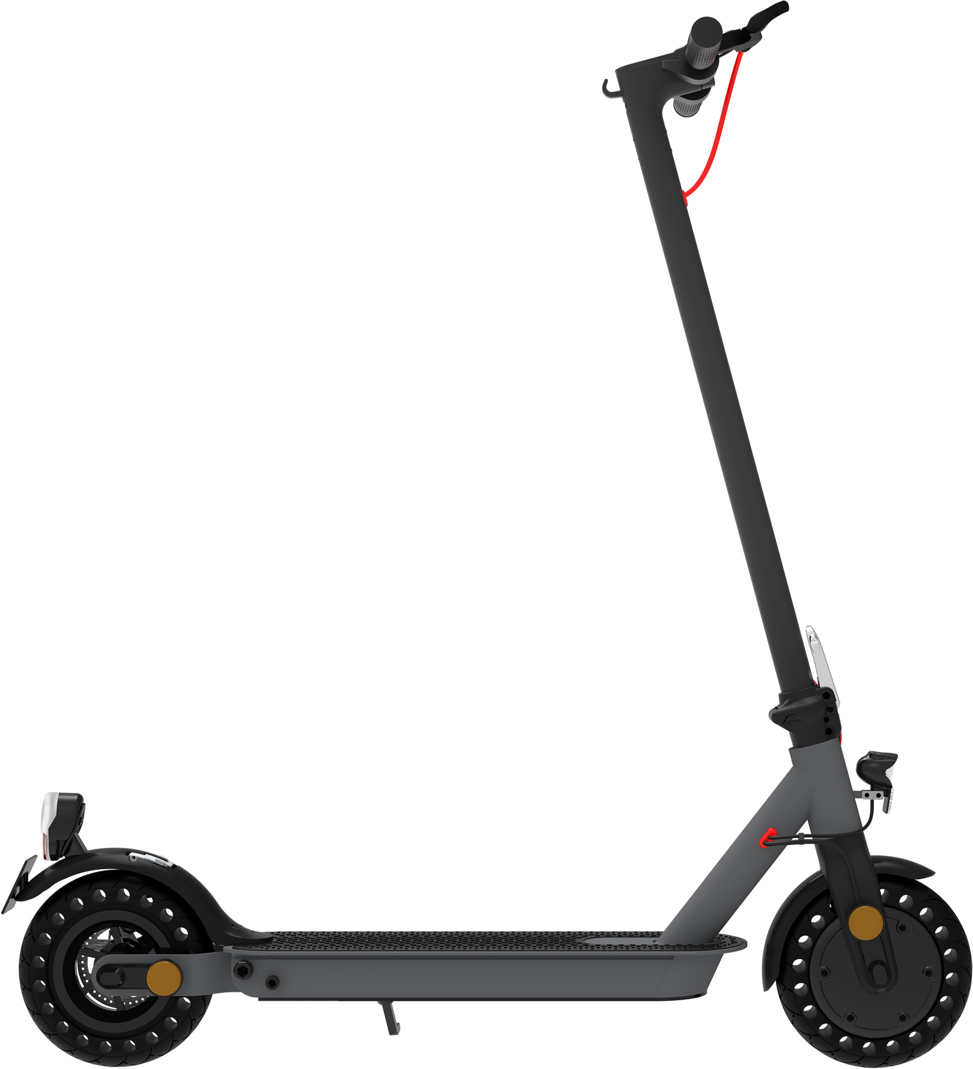 Grauer Elektroroller mit schwarzen Rädern, rotem Kabel und Licht vorne.