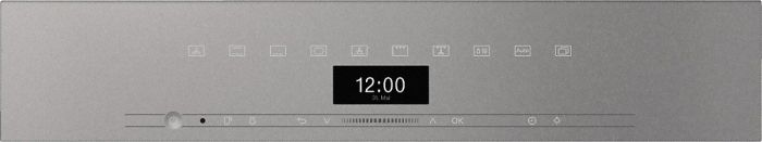Silbernes Bedienfeld eines Küchengeräts. Anzeige zeigt 12:00 Uhr. Verschiedene Symbole.