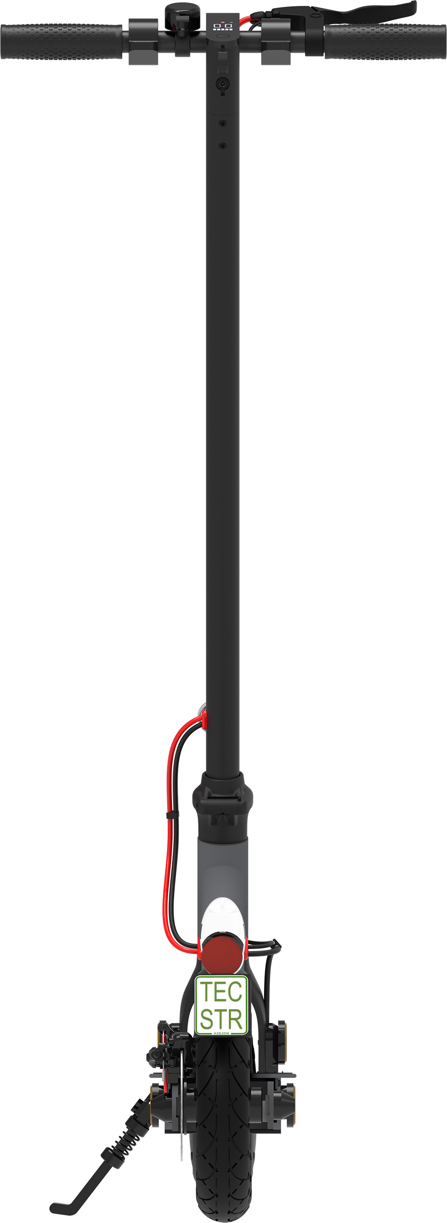 Schwarzer Elektroroller, von hinten gesehen. Rotes Kabel, schwarzer Reifen und grünes Schild.