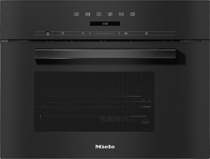 Schwarzer Einbaubackofen mit Digitalanzeige, Griff und Miele-Logo.