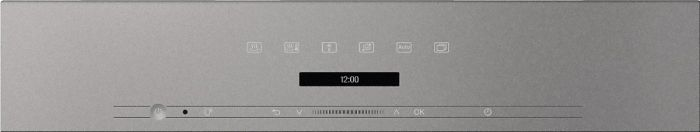Silbernes metallisches Mikrowellen-Bedienfeld mit Display.