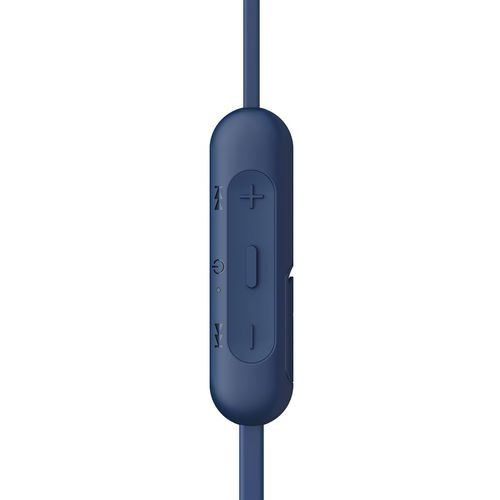Primer plano de un panel de control azul oscuro en un cable azul. Incluye botones y un puerto.