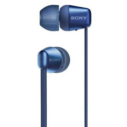 Par de auriculares Sony azules, con cable azul y fondo blanco.