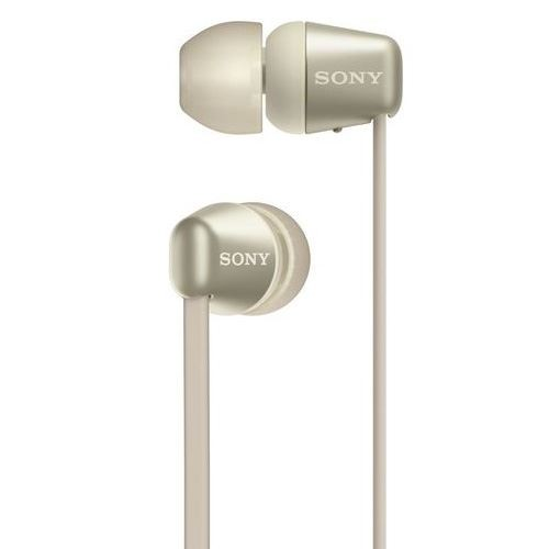 Dos auriculares dorados conectados por un cable blanco con la marca 'SONY'.