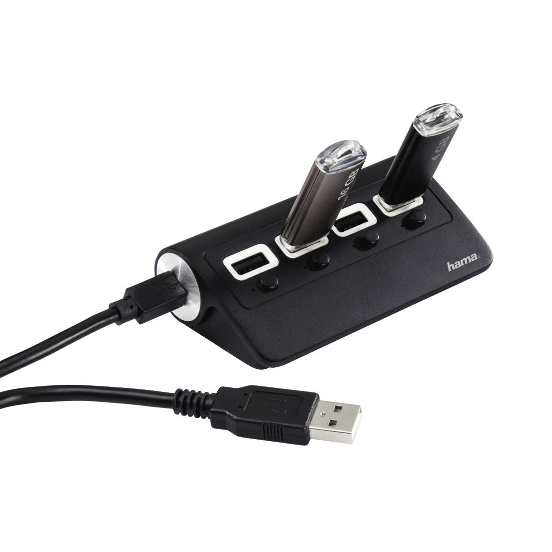 Hub - Hama, 480 Mbps, Hub 2.0, pasivo 1:4 ON/OFF, 0,5 A, Micro-USB, Negro
