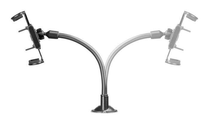 Soporte para teléfono con brazos ajustables y base de ventosa.