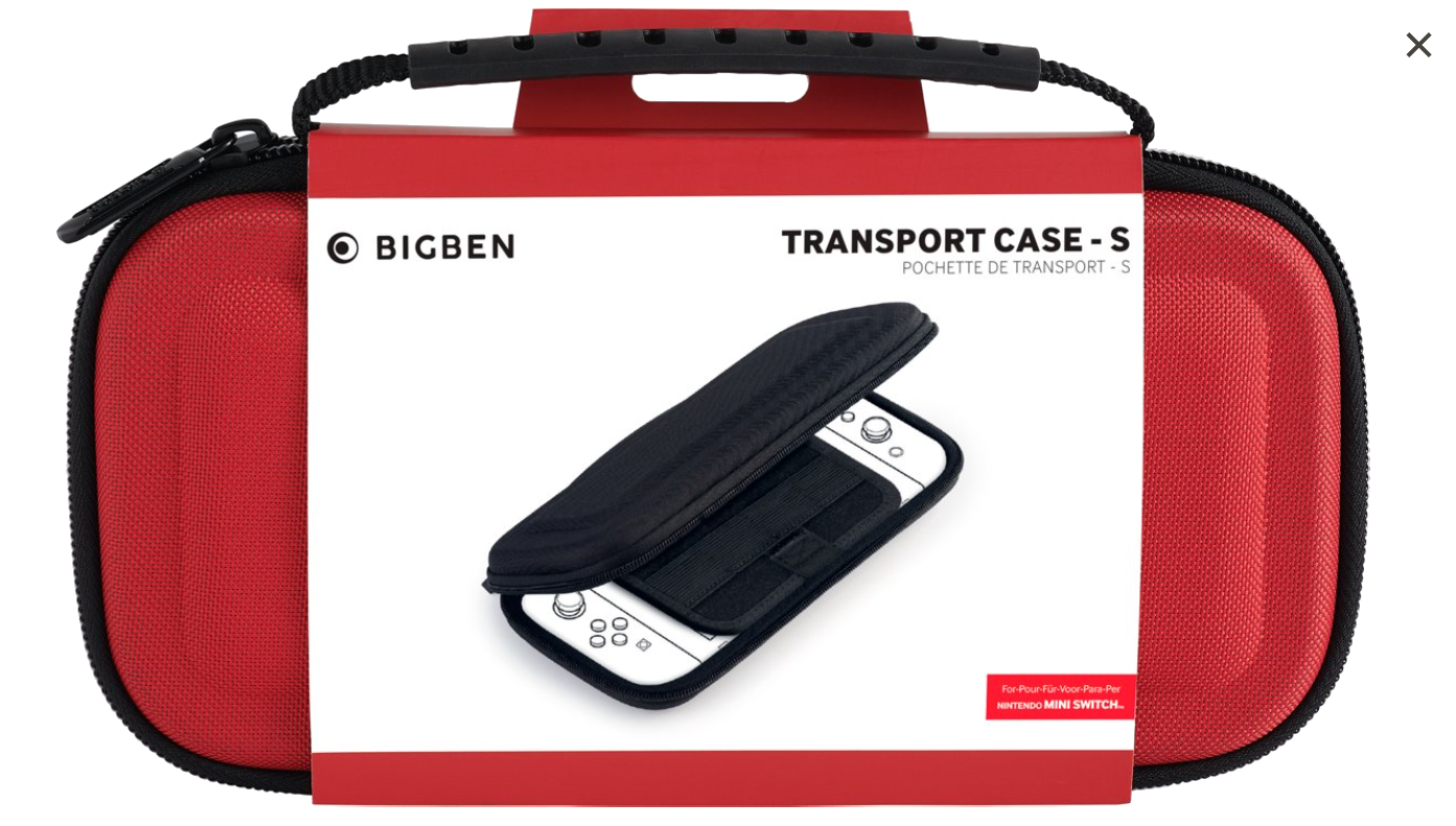 Ein rotes und schwarzes Transportetui für eine Nintendo Switch, geöffnet, um die Konsole zu zeigen.
